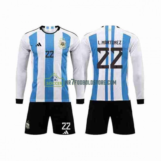Argentina Trøje 3 Stars Lautaro Martinez 22 Børn Hjemmebane Fodboldsæt VM i fodbold 2022 Langærmet
