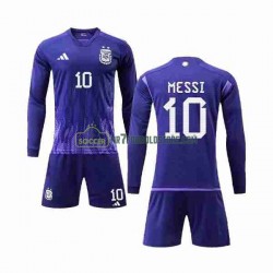 Argentina Trøje 3 Stars Lionel Messi 10 Børn Udebane Fodboldsæt VM i fodbold 2022 Langærmet