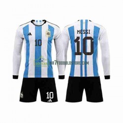 Argentina Trøje 3 Stars Lionel Messi 10 Børn Hjemmebane Fodboldsæt VM i fodbold 2022 Langærmet