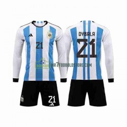 Argentina Trøje 3 Stars Paulo Dybala 21 Børn Hjemmebane Fodboldsæt VM i fodbold 2022 Langærmet