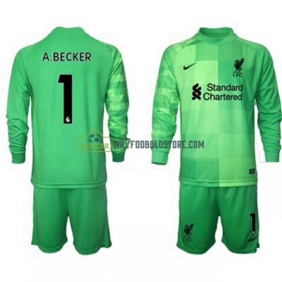 Liverpool Trøje Målmand Alisson Becker 1 Børn Hjemmebane Fodboldsæt 2021-2022 Langærmet