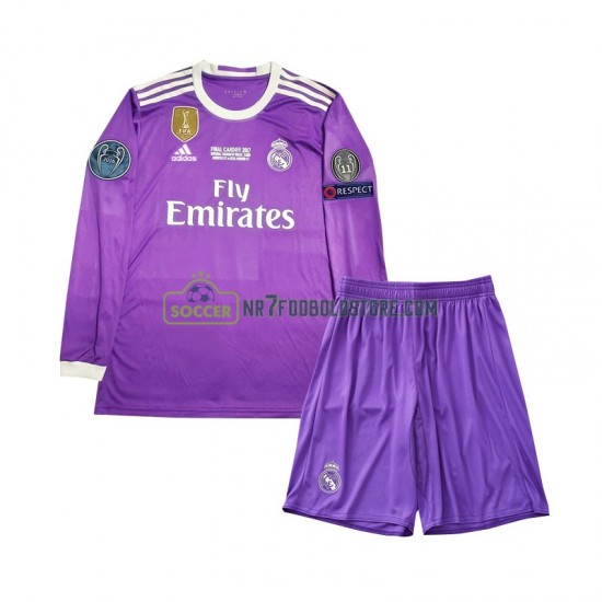 Real Madrid Trøje 2016 Retro Børn Udebane Fodboldsæt Langærmet