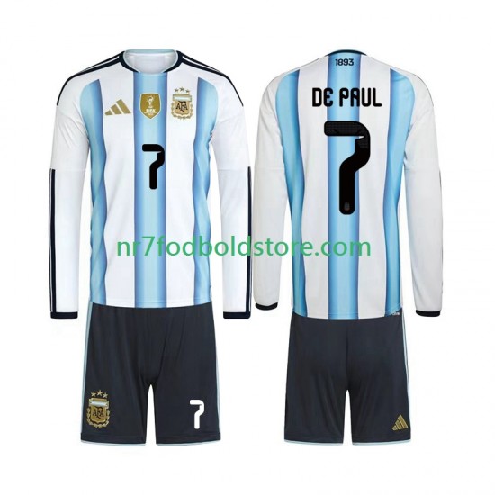Argentina Trøje Rodrigo De Paul 7 Børn Hjemmebane Fodboldsæt VM i fodbold 2026 Langærmet